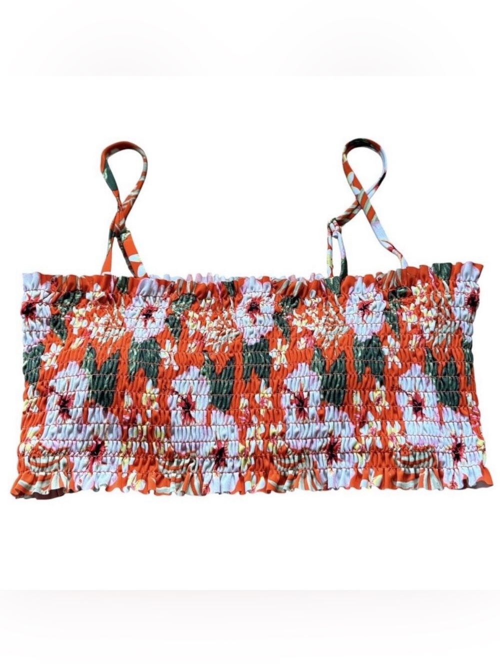 Cabana Del Sol Orange Floral Smocked Crop Cami Swim Top Sz M
